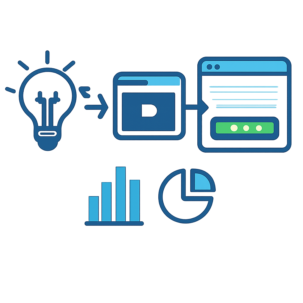 Flow from idea to Facebook ad to landing page with market demand chart
